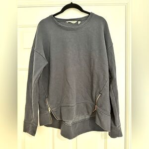 Athleta navy distressed pull over sweater. Bronze zip detail. Size S.